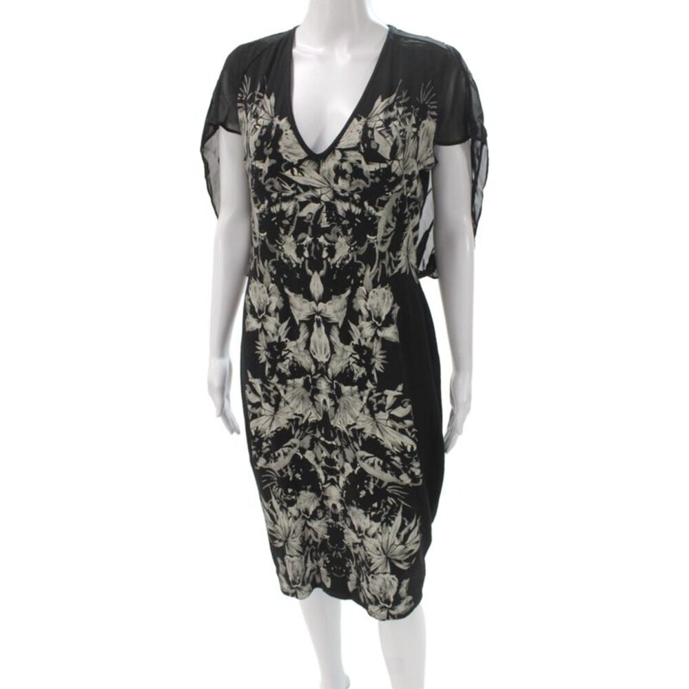 Isabel De Pedro Women Sheath Dress Black Floral V-Neck Short Sleeve Size 12